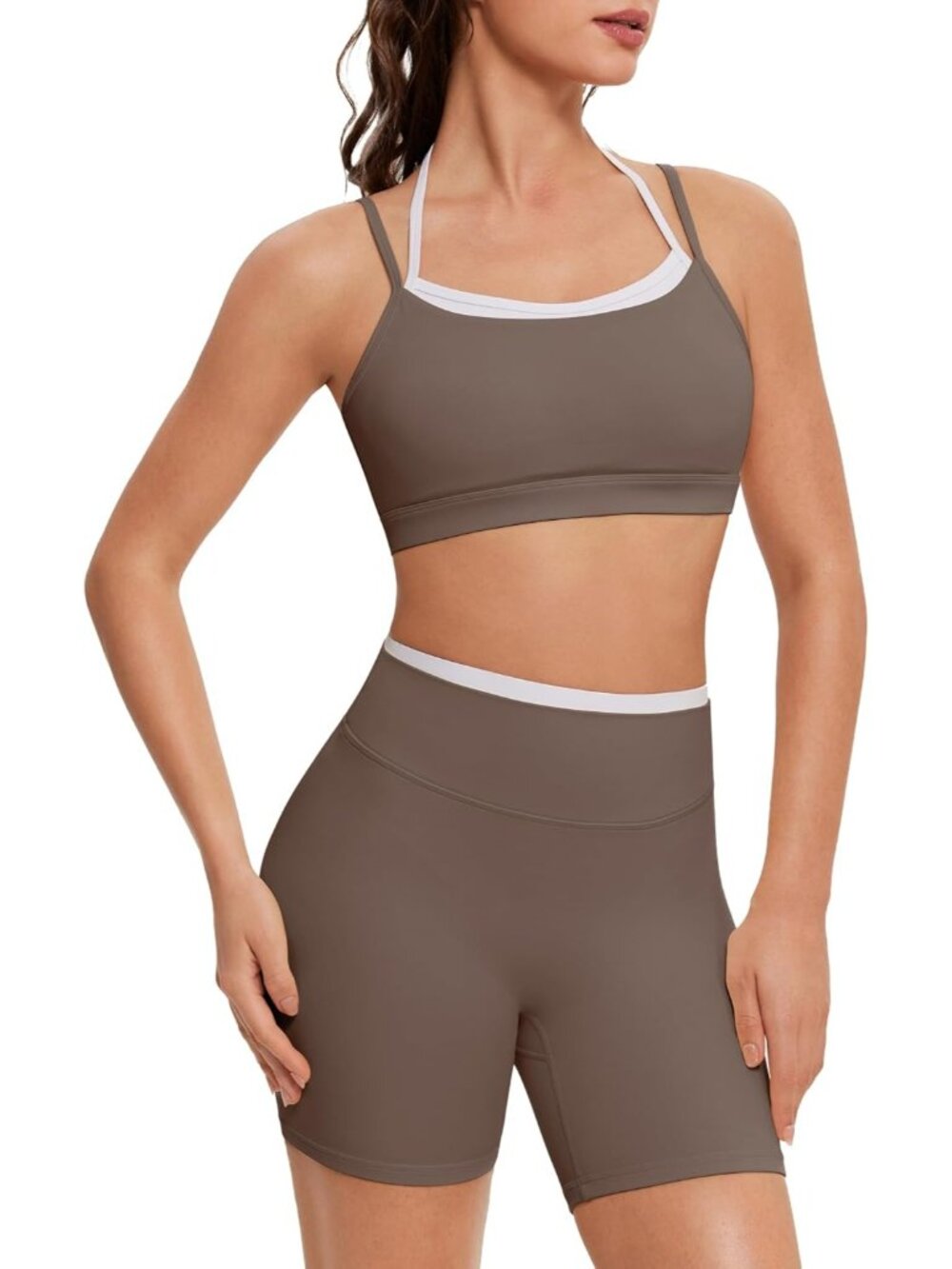 Women's Dark Brown Doubel Layer Open Back Activewear Sports Bra & Gym Shorts Set